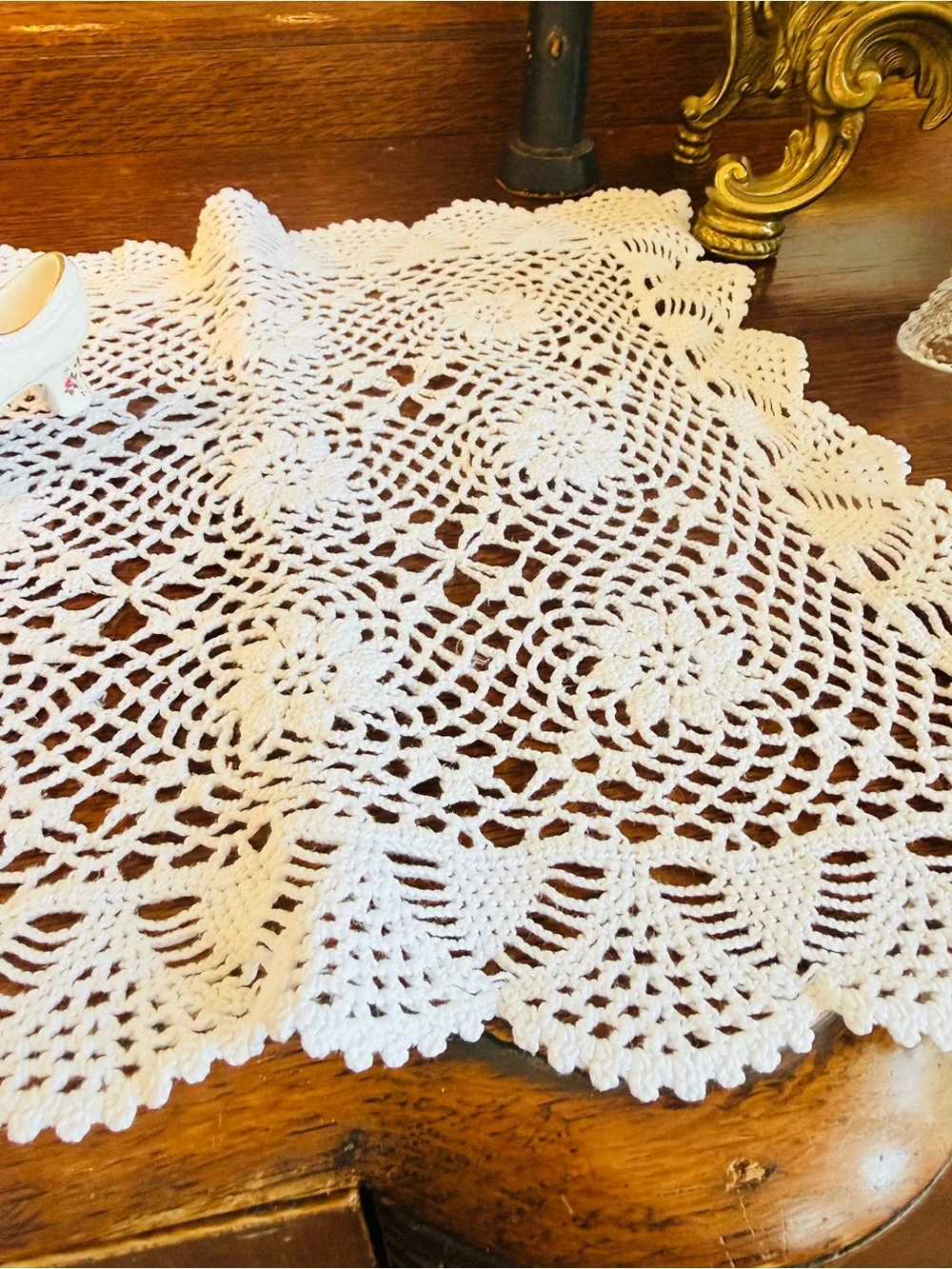 Vintage Porcelain Shoe Trio-English Trinket Box-Crochet Runner Bundle